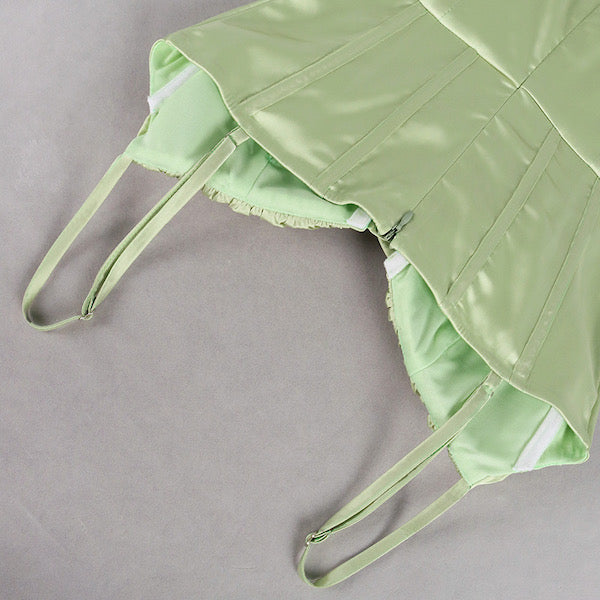 green bodycon satin dress detail