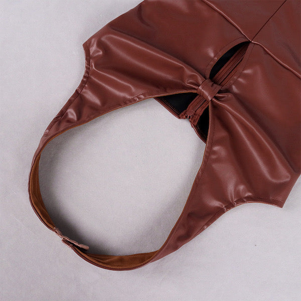 brown halter leather dress close up