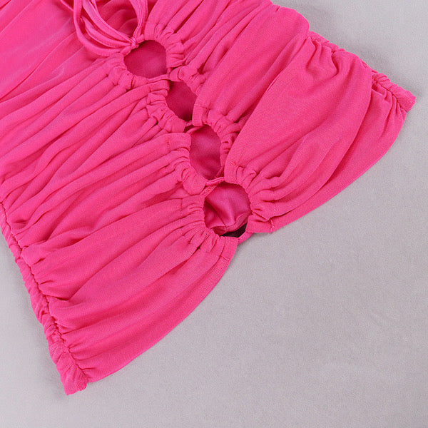 strapless bodycon hot pink dress closeup